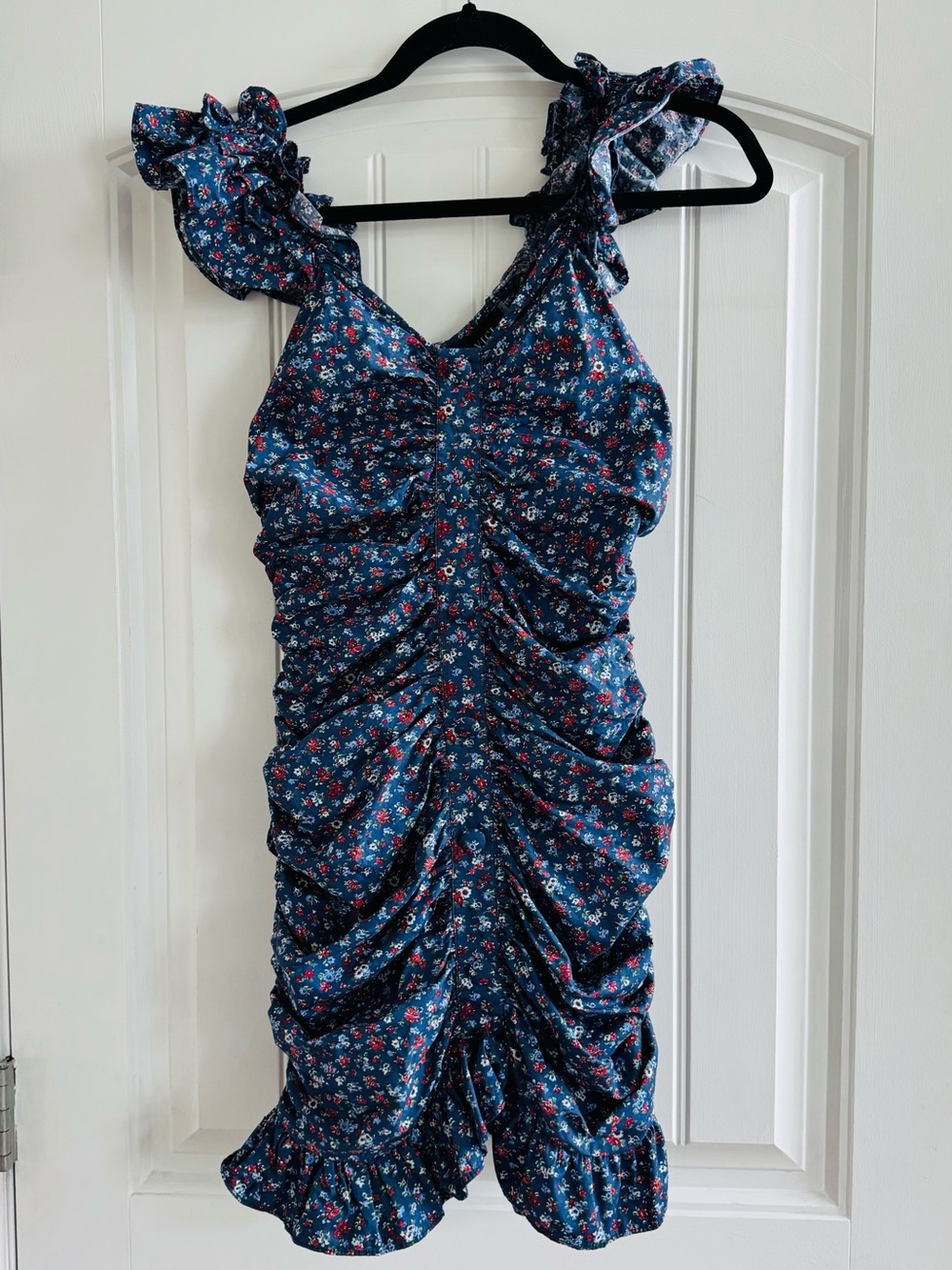 Vici Navy Blue Floral Ruched Ruffle Dress